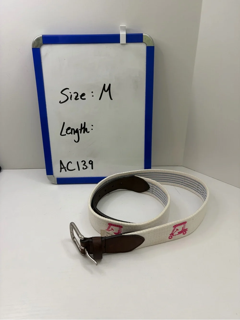 Pink Golf Cart Preppy White Canvas Brown Leather Trim Belt Size Medium